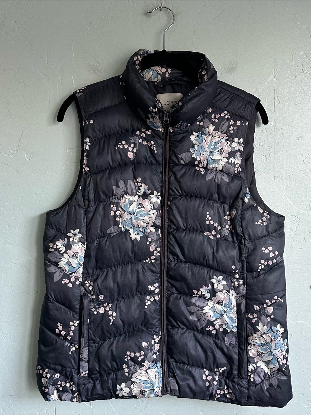 LOFT Black Quilted Floral Puffer Vest